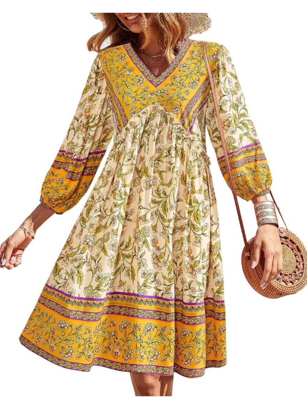 Women's Floral Yellow White 3/4 Long Sleeve V Neck Casual Mini Short Dress